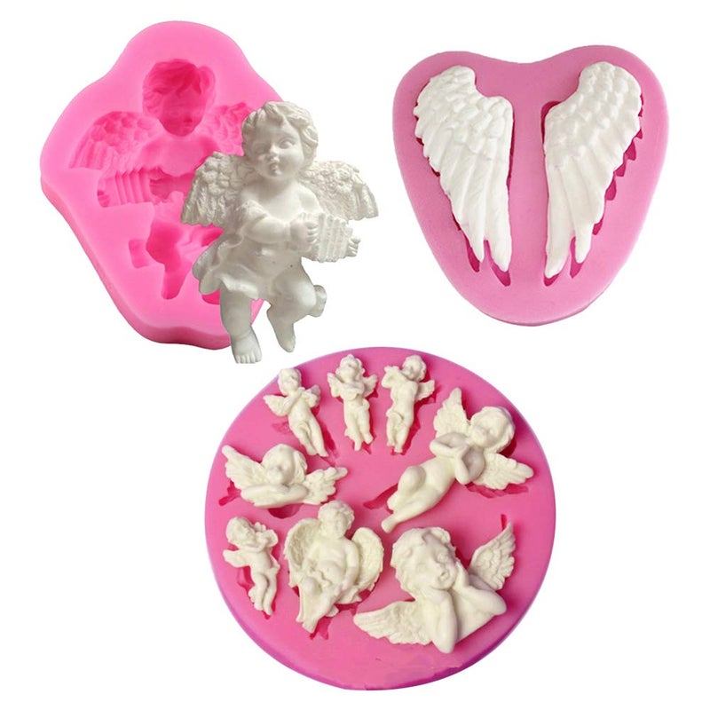 HiParty 3Pcs/Set Mini Angel Baby & Wings Fondant Molds Angelic Cherub Silicone Cake Decorating Tools Polymer Clay Molds for Boy Baby Shower Baptism CupCake Topper Decoration Favors - Image 1